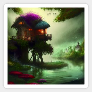 Sparkling Fantasy Cottage with Lights and Glitter Background in Forest, Scenery Nature Sticker